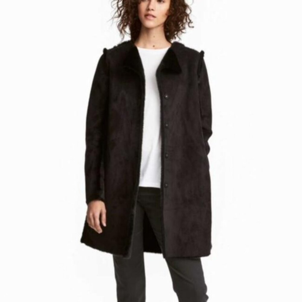 H & M Faux Suede & Fur Coat Jacket, Size 4, Black, Hidden Buttons & 2 Pockets